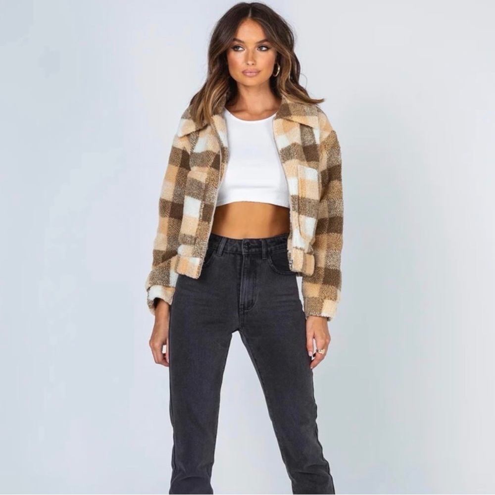 Princess Polly Doria Sherpa Jacket 6 Plaid Cropped Teddy Scandi Cabincore